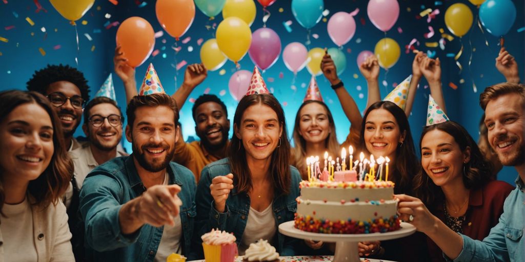 Virtual birthday party with people on video call, balloons, confetti, and a birthday cake.