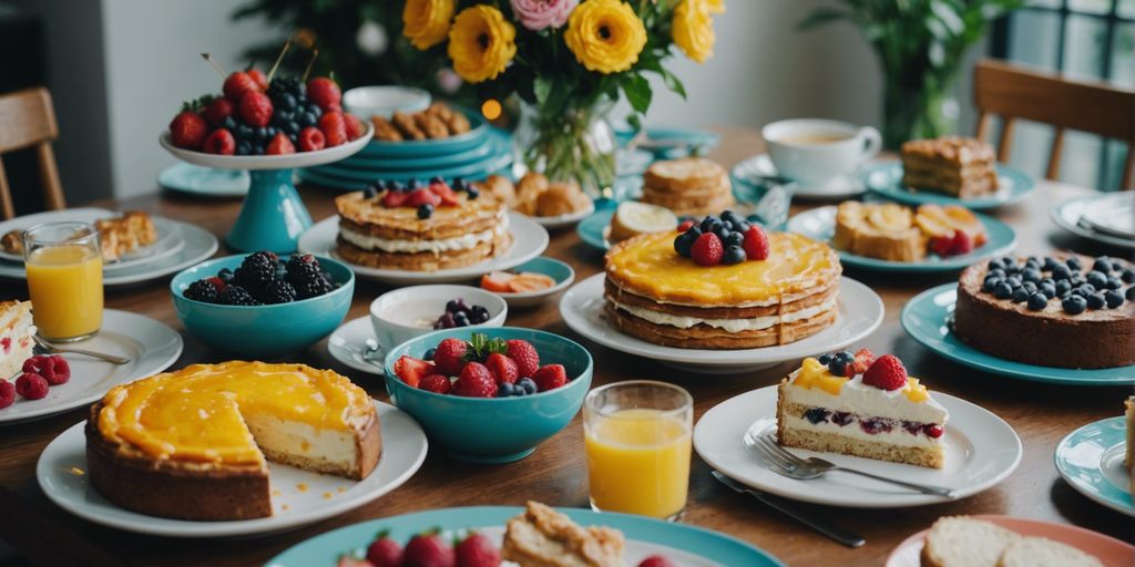 A festive brunch table with various dishes, colorful decorations, and a birthday cake in the center.