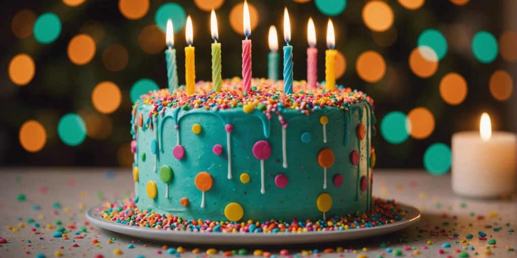 A beautifully decorated birthday cake with candles and colorful sprinkles, perfect for party inspiration and decoration tips.