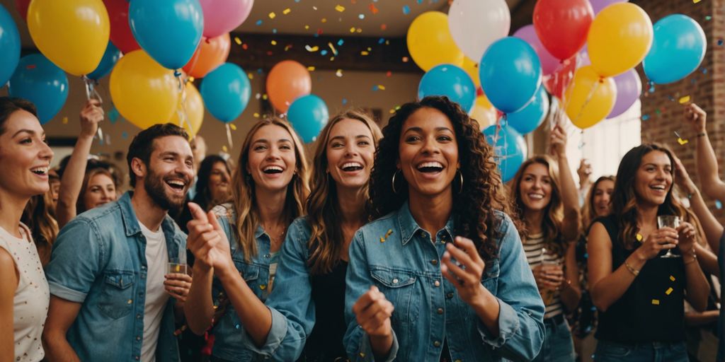 Friends cheering with balloons and confetti as the guest of honor walks into a surprise party.