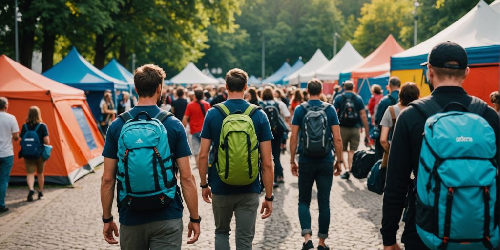 People with backpacks and tents at festival entrance